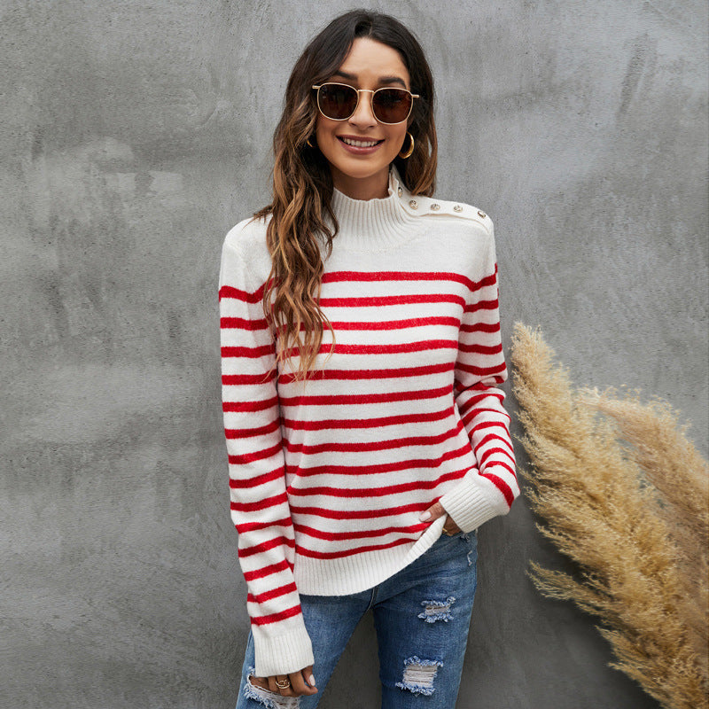 Women's Striped Sweater Loose Long Sleeve Stand Collar Sweater