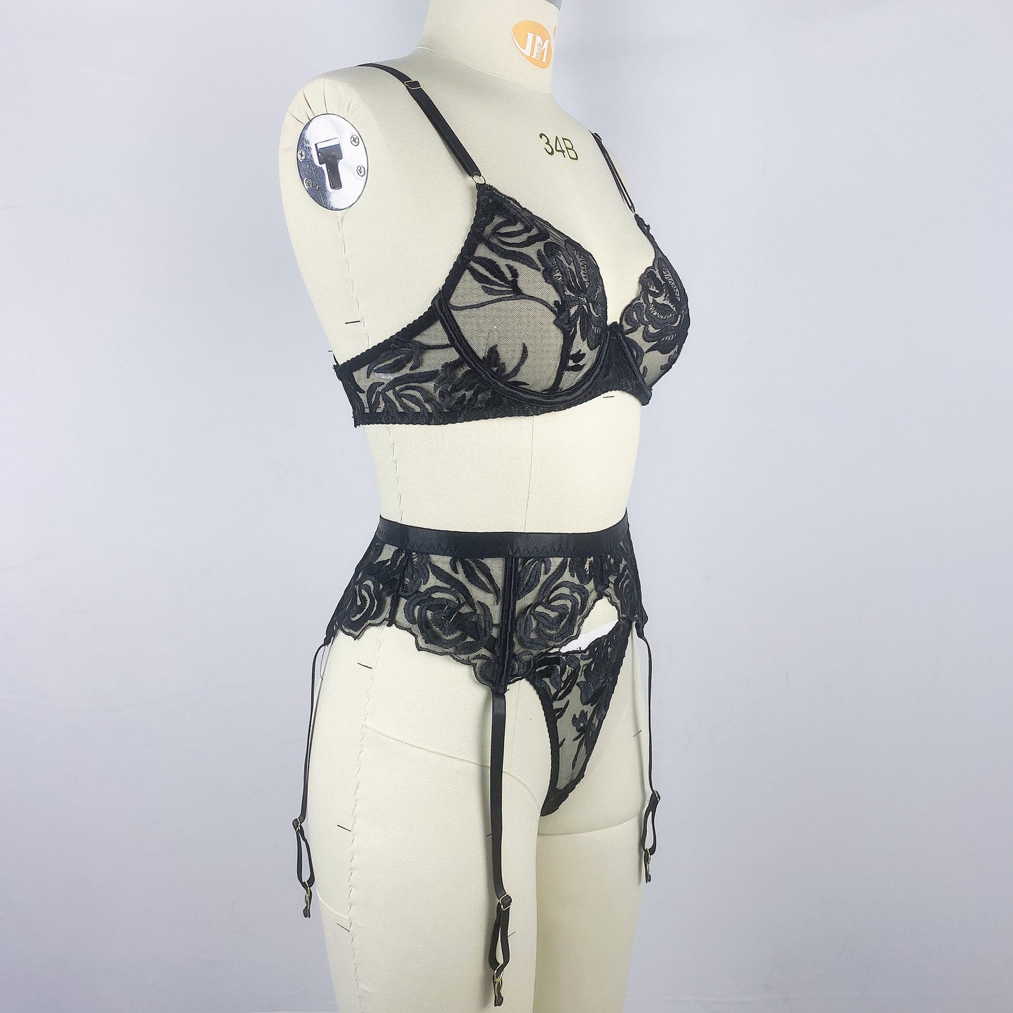 Black Flower Embroidered Ribbon Steel Ring Bra T-back Three-piece Set