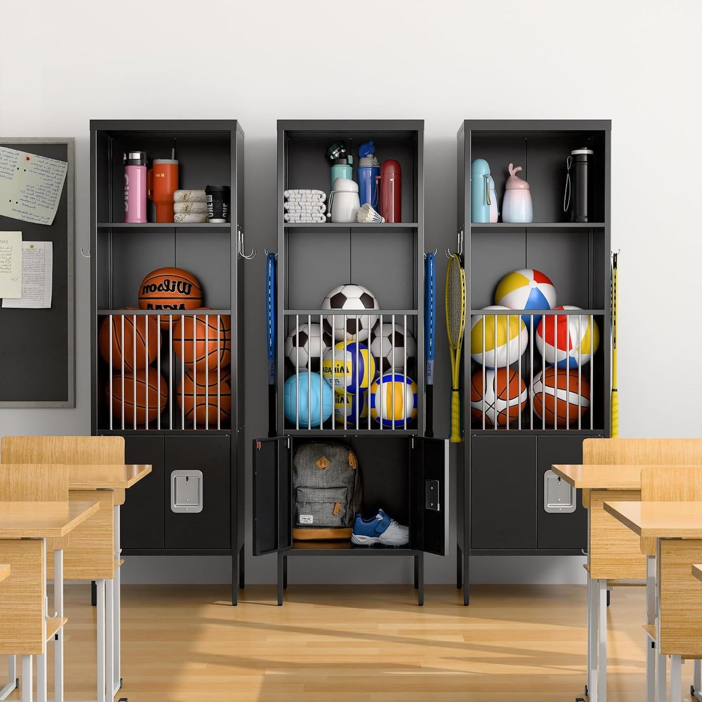 Metal Sports Fence Locker Is Suitable For School,Storage Locker With Hooks & Lock Door,Storage Sports Equipment For Gym, Ball Park,Stadium,Garage,Assembly Required,Black