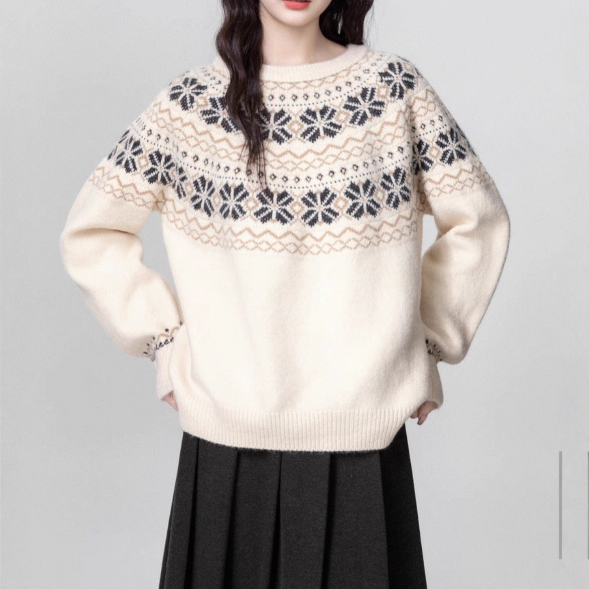 Women's Vintage Fair Island Woven Thickened Crew Neck Pullover Sweater