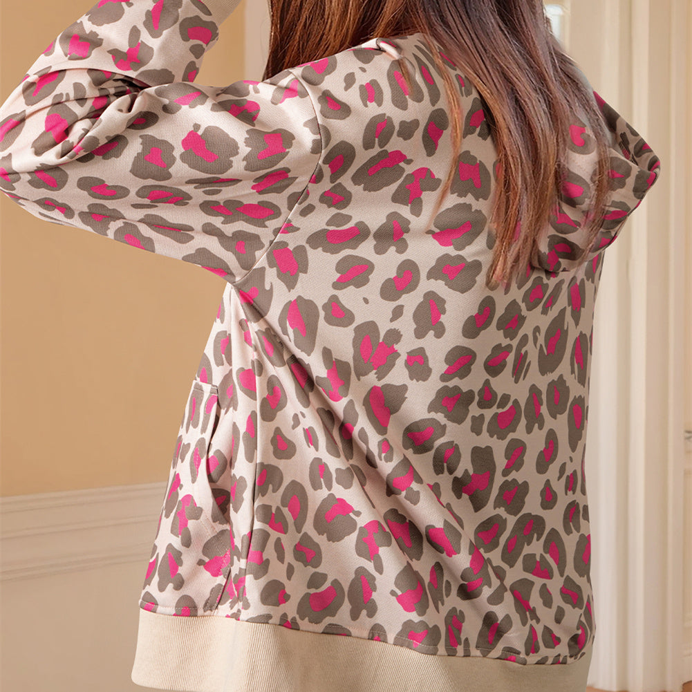 Women's All-match Rose Leopard Zipper Hooded Sweatshirt