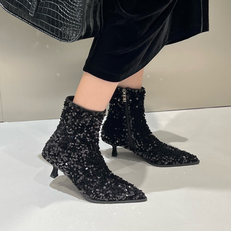 Pointy Toe Nude Boots Mid-heel Autumn And Winter Fashion Temperament Black High Heels