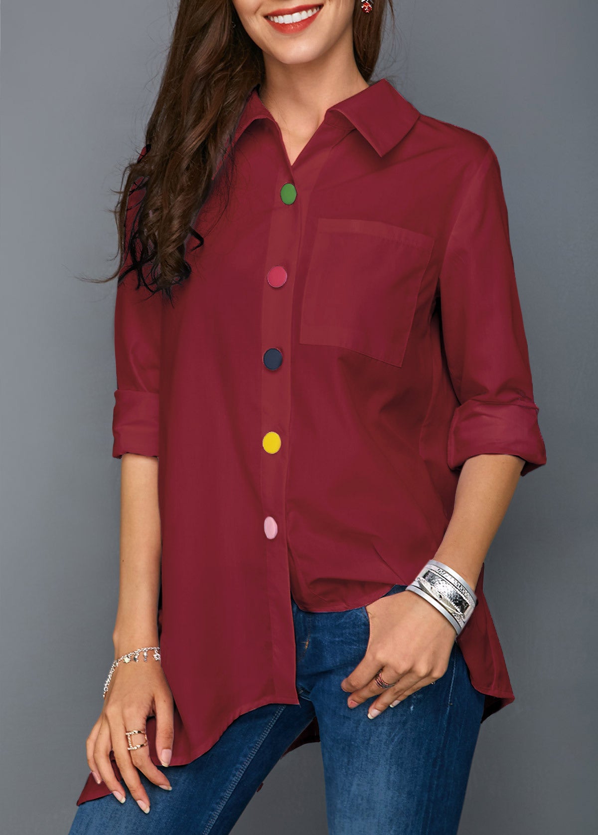 Women white shirt colorful button simple tops