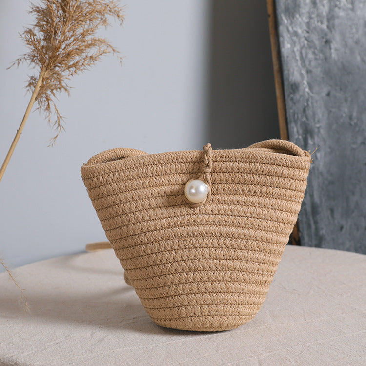 Small Coin Purse Pearl Straw Woven Bag Single Shoulder Cotton Bag