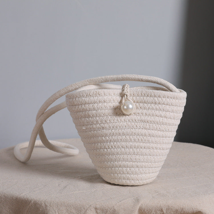 Small Coin Purse Pearl Straw Woven Bag Single Shoulder Cotton Bag