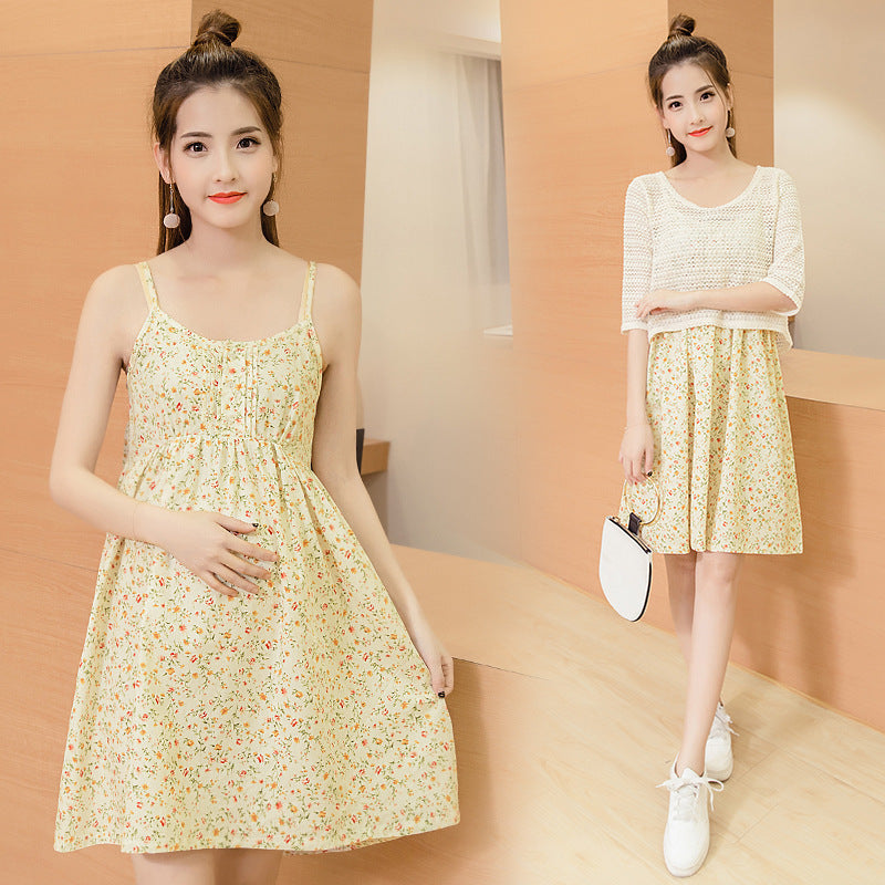 Fashion Maternity Skirt Fresh Summer Four Color Small Floral Maternity Skirt Two Piece Wash Water Cotton Net Vest Skirt