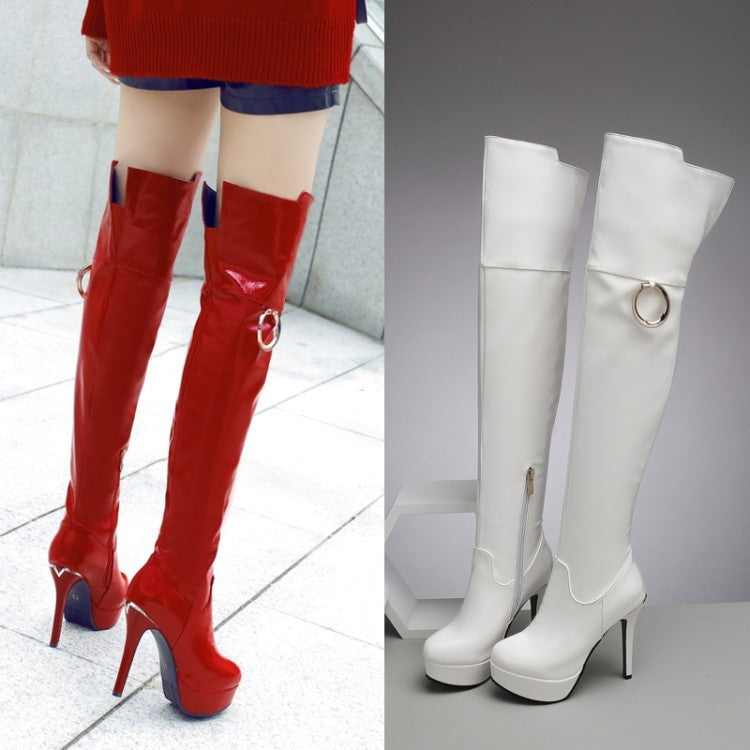 Winter New Waterproof Platform Stiletto High Heels Fashion Metal Decorative Female Boots European And American Style Red Over-the-knee Boots