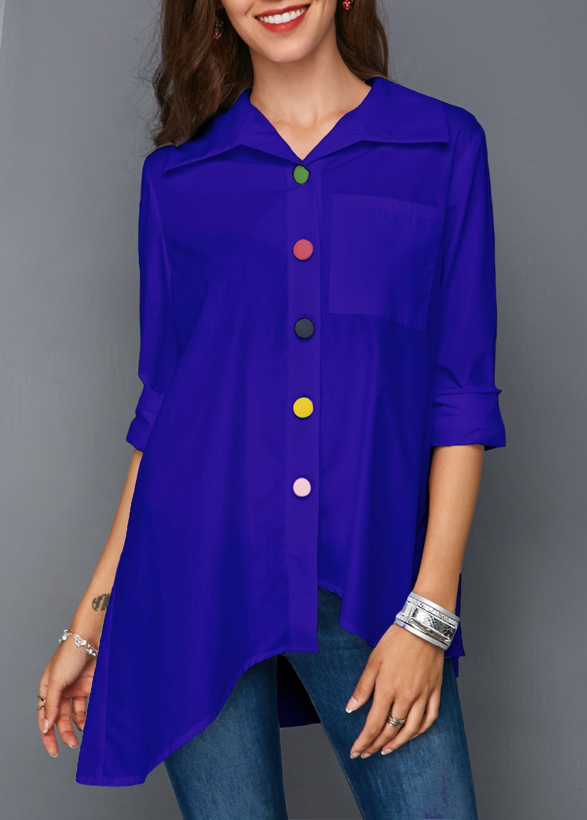 Women white shirt colorful button simple tops