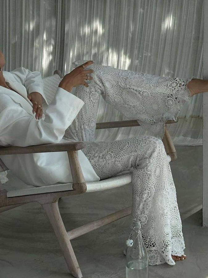 French Style Lace Casual See-through Vacation Style Trousers