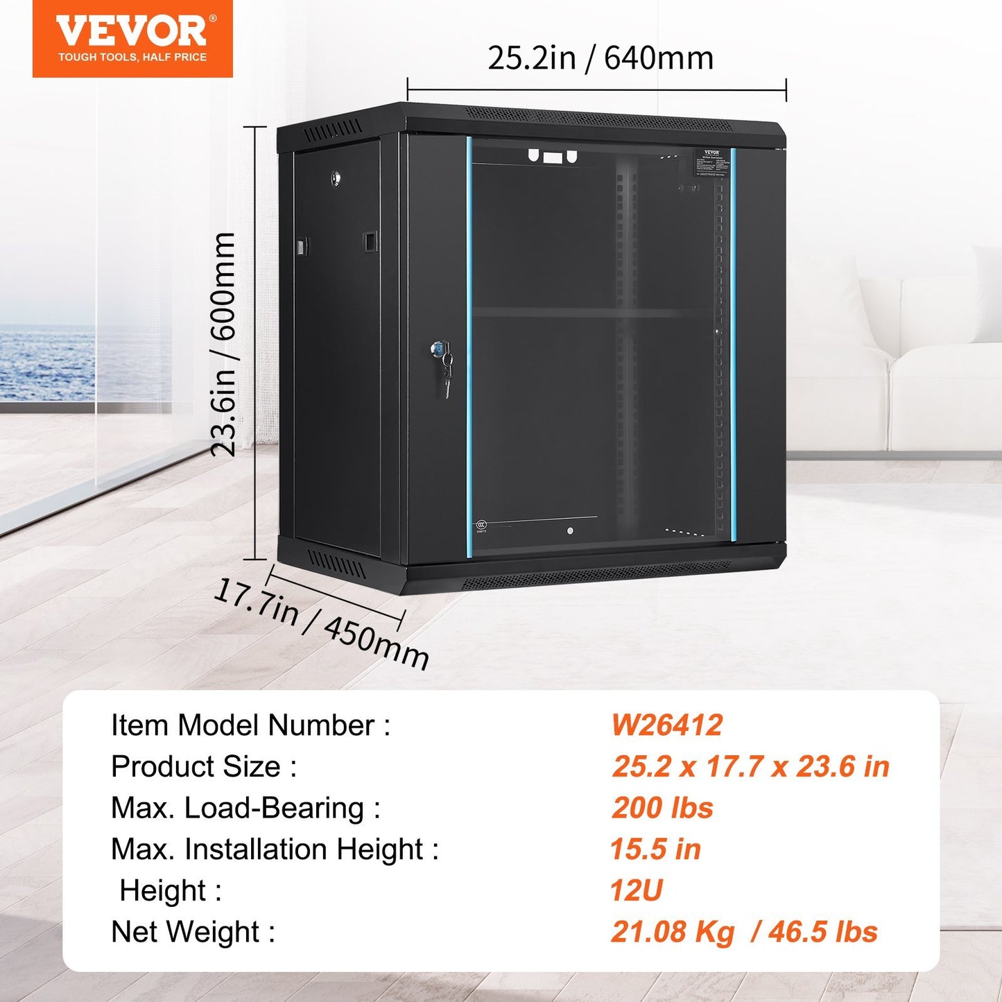 12U Wall Mount Network Server Cabinet, 15.5 Deep, Server Rack Cabinet Enclosure, 200 Lbs Max. Ground-mounted Load Capacity, With Locking Glass Door Side Panels, For IT Equipment, A V Devices