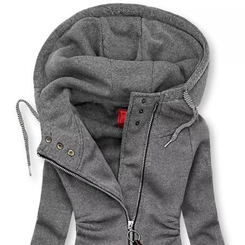 Women's Solid Color Long Sleeve Zip-Front Drawstring Hooded Jacket With Pockets Slim Fit Pleated Detail Top For Spring&Fall