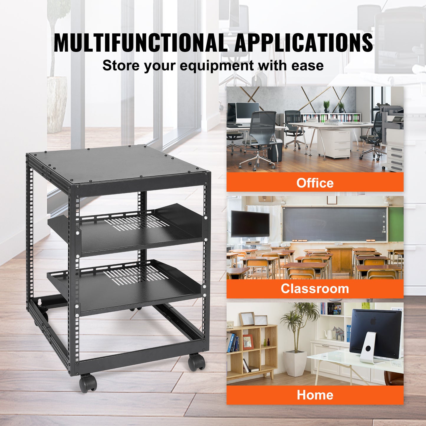 VEVOR 12U Open Frame Server Rack, Adjustable Depth, Free Standing Or Wall Mount Network Server Rack, 4 Post AV Rack With Casters, Holds All Your Networking IT Equipment AV Gear Router Modem