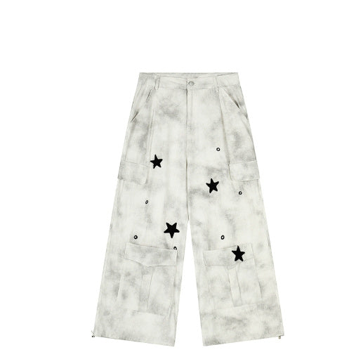Worn Looking Washed-out Tie-dye Wide-leg Overalls