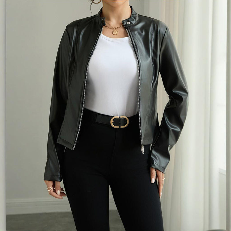 Women's Solid Color Long Sleeve Stand Collar Faux Leather Blazer - Single Button Zippered Jacket For Fall&Winter