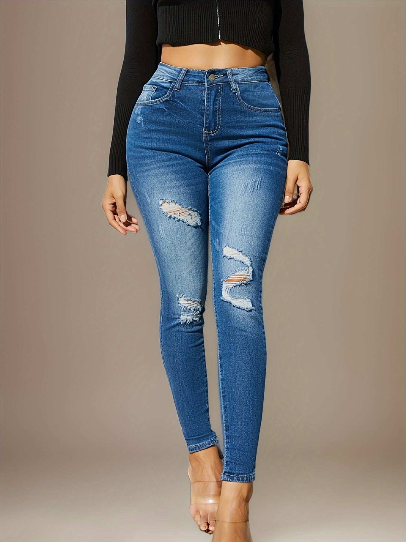2024 New Fashion Stylish Women's Skinny Fit Jeans - High-Waist, Frayed Hem, Distressed Washed Denim Pants With Stretch For Comfortable Street Style Fashion - Women Clothing