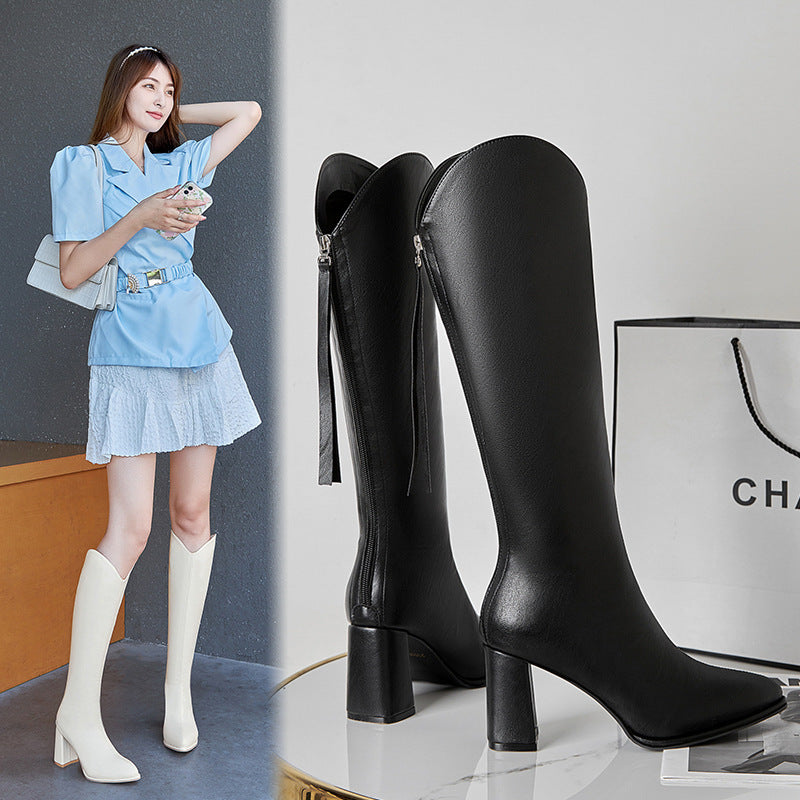 Women's Thick-heeled High Heels But Knee-high Elastic Boots Are Thin And Pointed