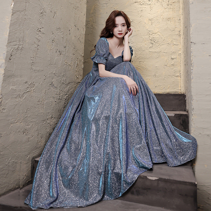 Elegant Sparkly Starry Princess Scoop Neck Puff Sleeve Floor Length Prom Gown Evening