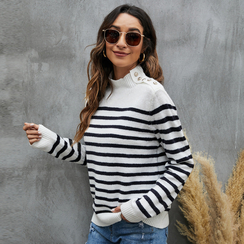 Women's Striped Sweater Loose Long Sleeve Stand Collar Sweater