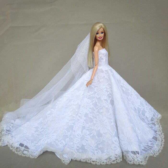 White Trailing Wedding Dress With Veil Doll Wedding Suit