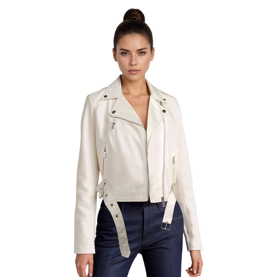 Lapel Short Belt Women's PU Simple Leather Jacket Motorcycle Jacket