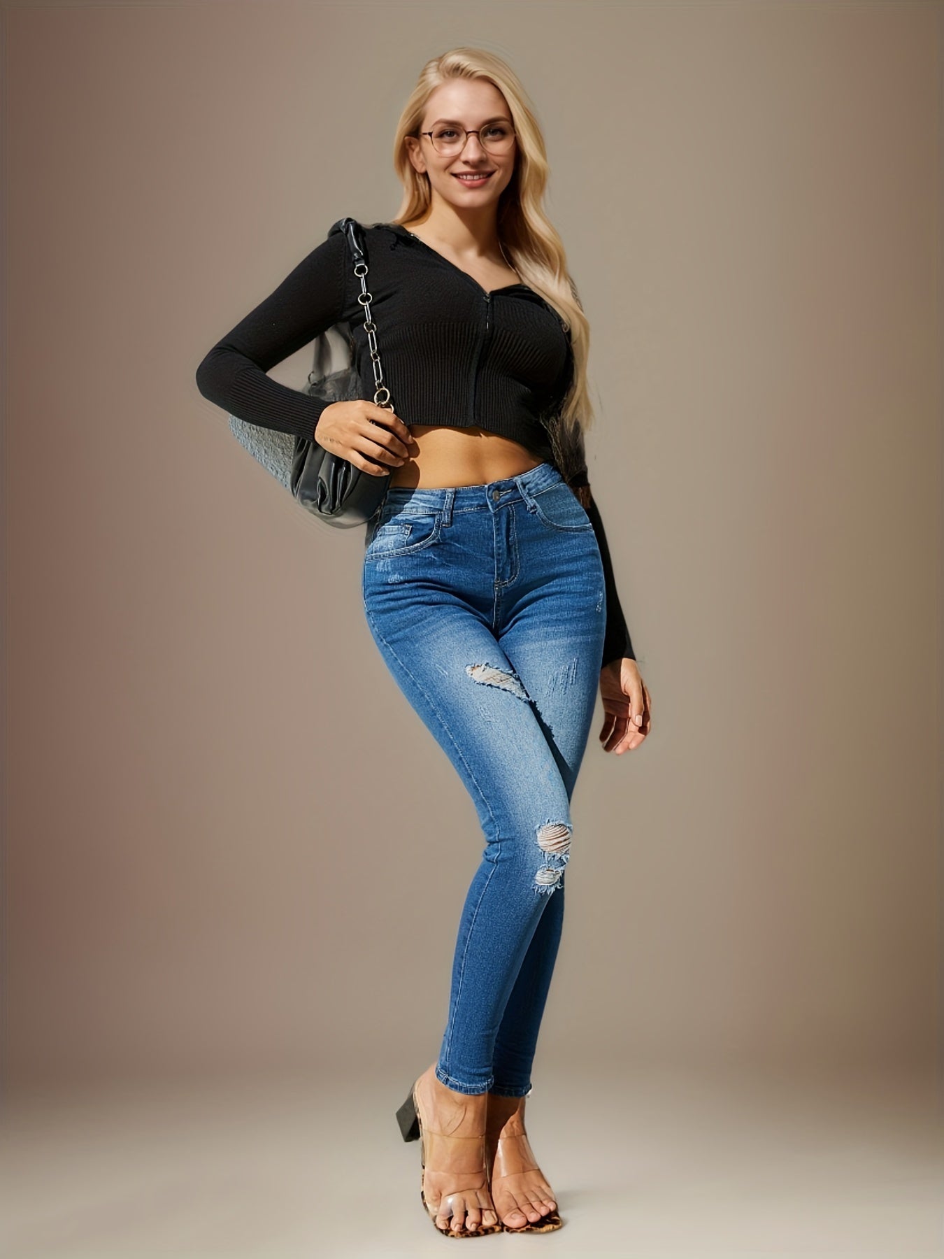 2024 New Fashion Stylish Women's Skinny Fit Jeans - High-Waist, Frayed Hem, Distressed Washed Denim Pants With Stretch For Comfortable Street Style Fashion - Women Clothing