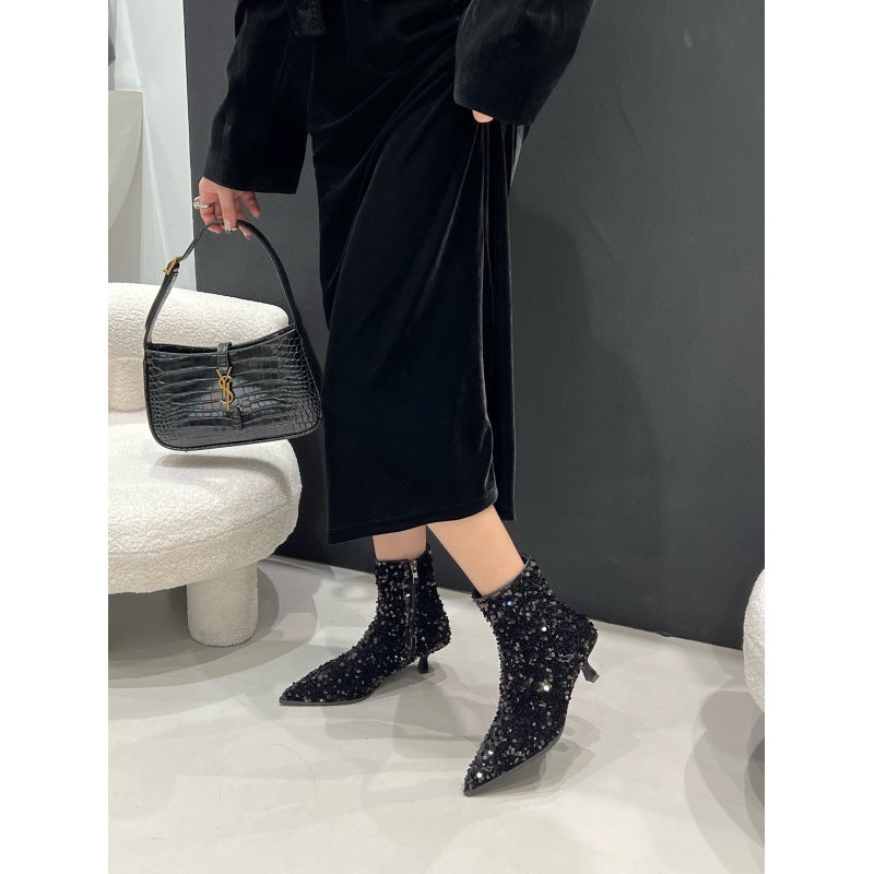 Pointy Toe Nude Boots Mid-heel Autumn And Winter Fashion Temperament Black High Heels