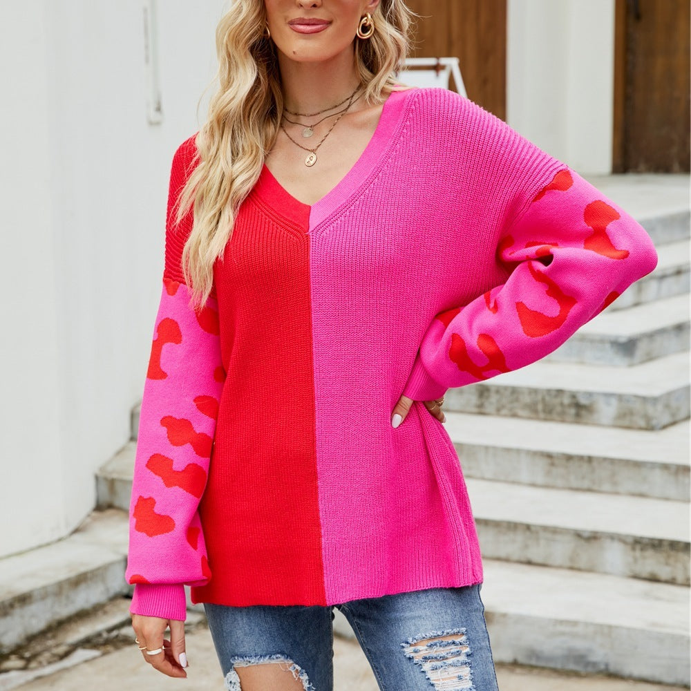 Women's Casual Contrast Color Leopard Print V-neck Fashion Pullover Sweater