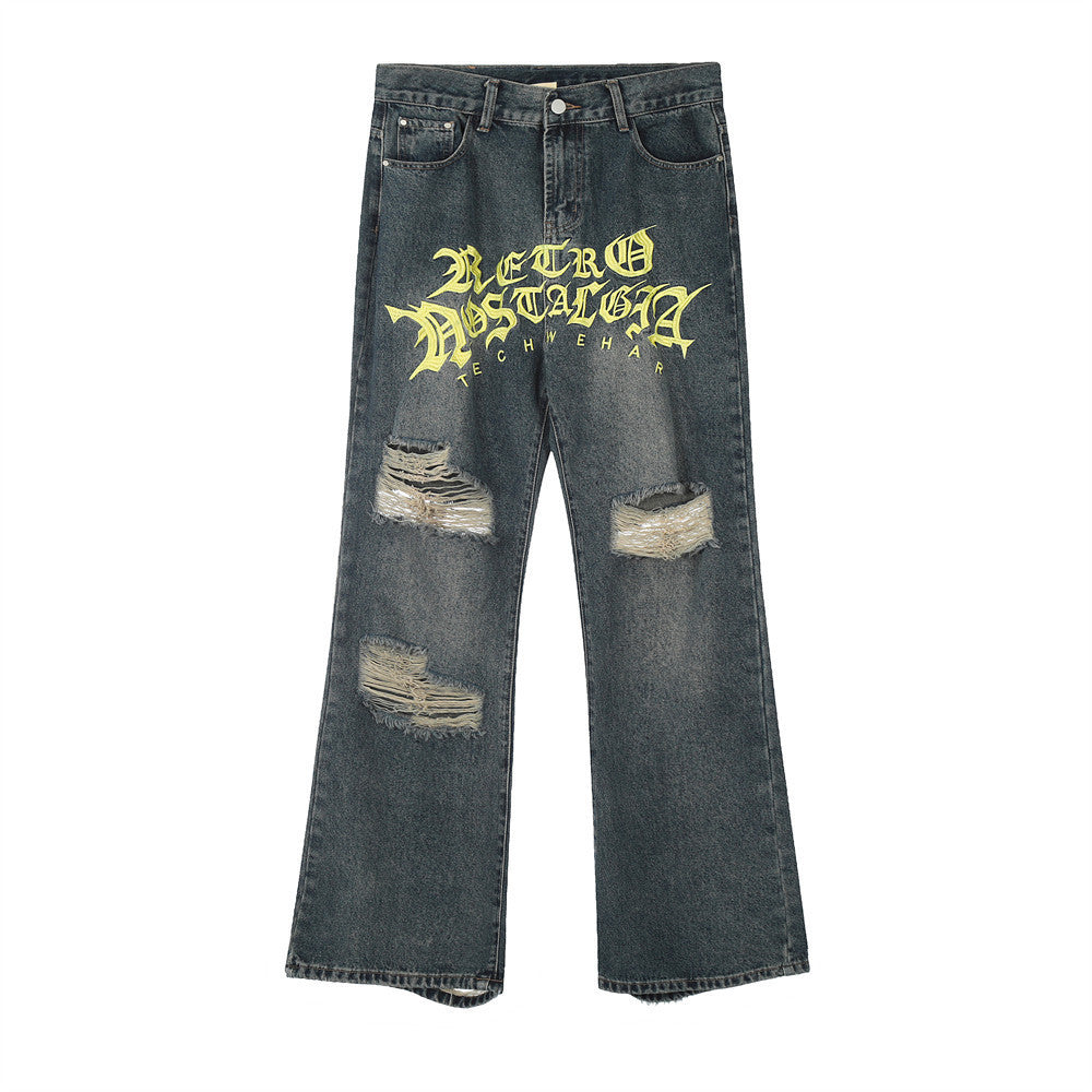 Embroidery Hole Slightly Flared Jeans Men