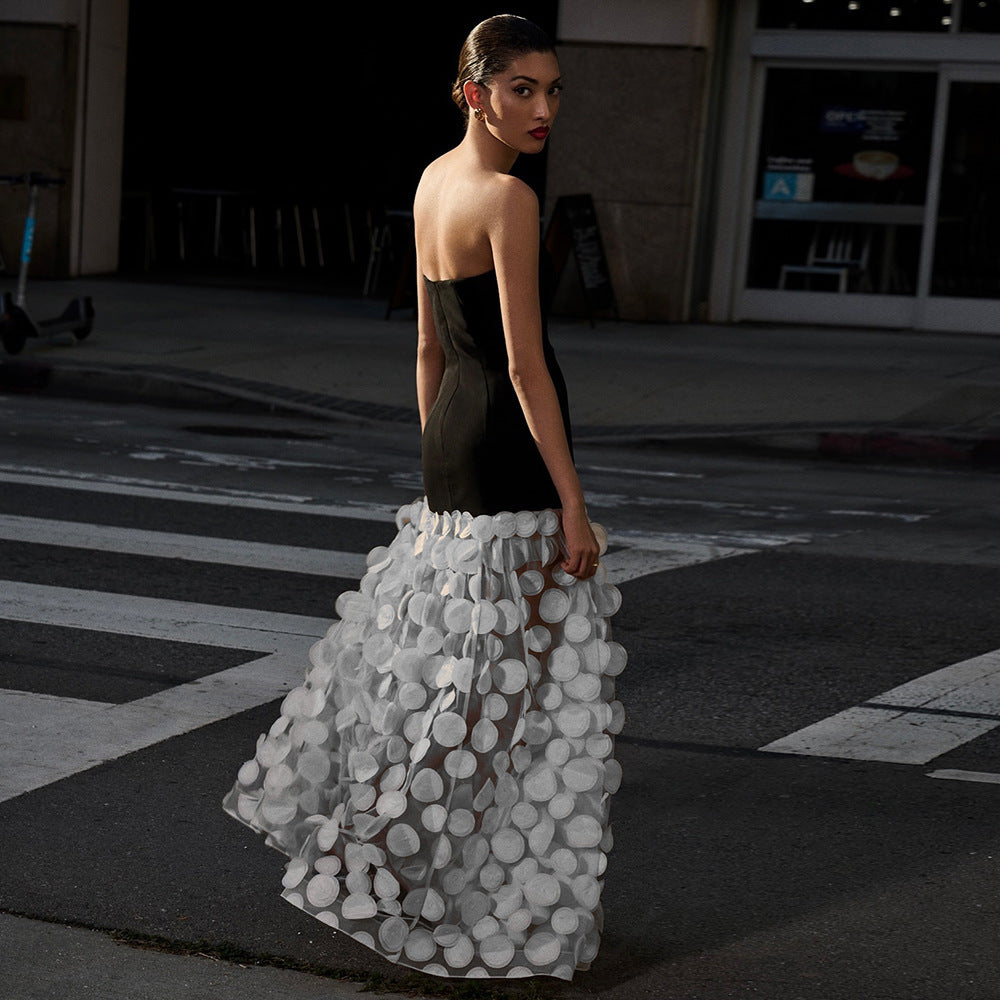 Black And White Tube Top Three-dimensional Flower Pettiskirt Dinner Dress
