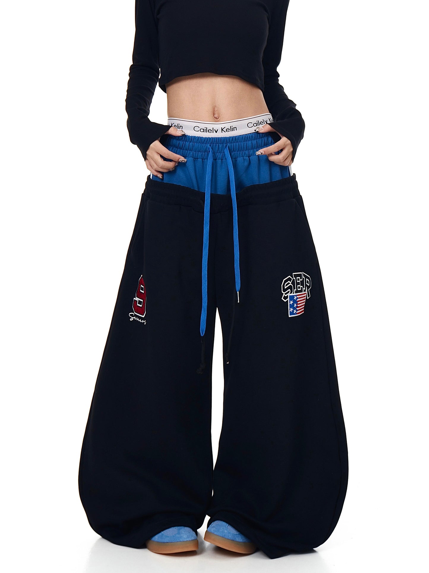 American-style Retro Double-waist Stitching Letter Curved Knife Sweatpants
