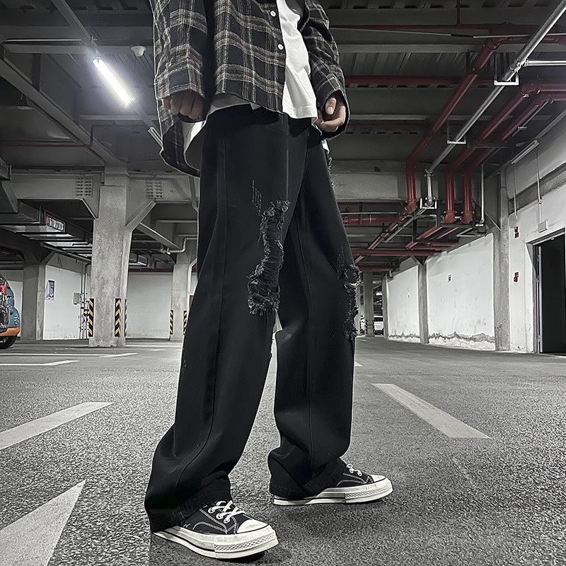 Men's Solid Color Ripped Denim Cropped Pants