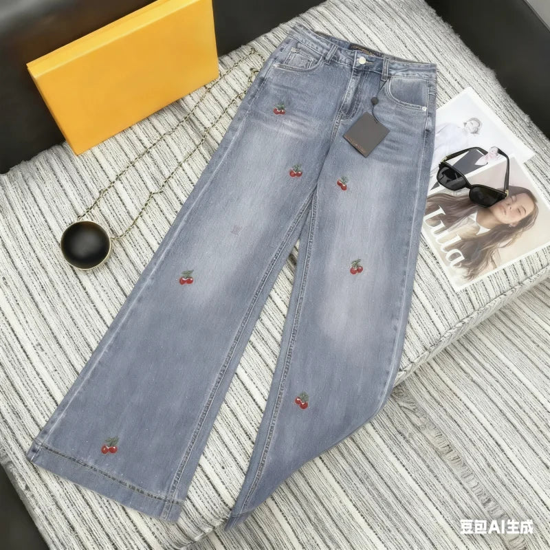2025 Autumn/Winter Women's Embroidered Letter Hot Diamond Cowboy Straight Leg Pants SU085