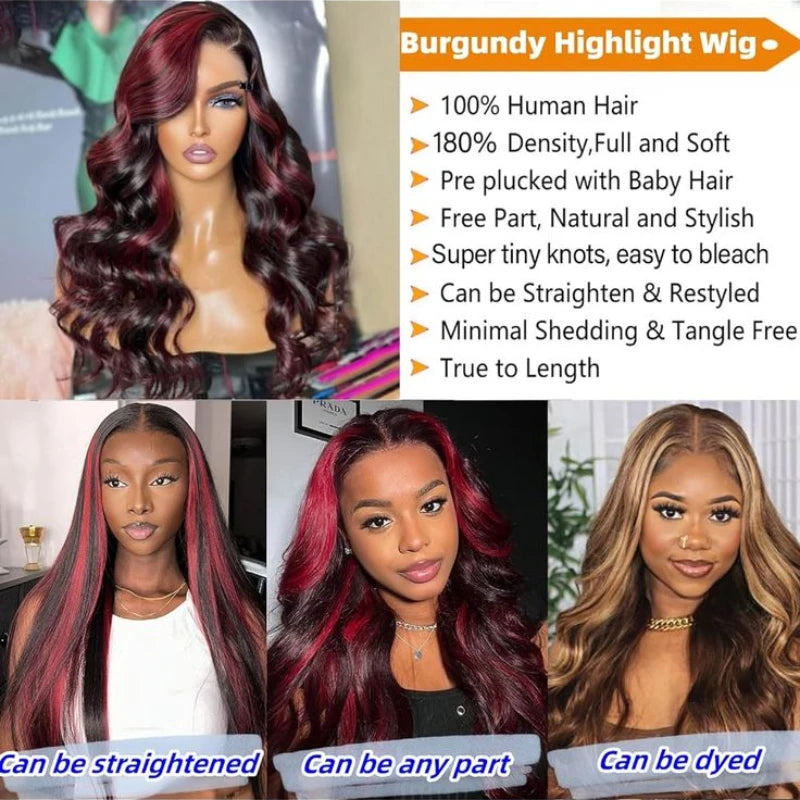 Raw Indian Hair 18-32 Inch Highlight 99J Colored Body Wave Wigs Human Hair 13x4 Transparent Lace Front Wigs for Black Women