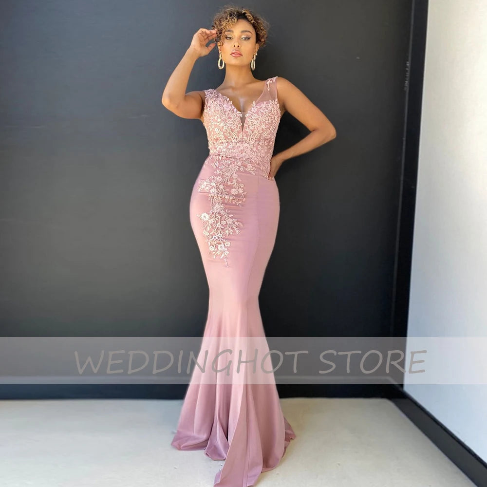 Pink Mermaid Evening Dresses 2026 Simple V-Neck Lace Applique Prom Gowns Elegant Satin Black Custom Party Dress robes de soirée