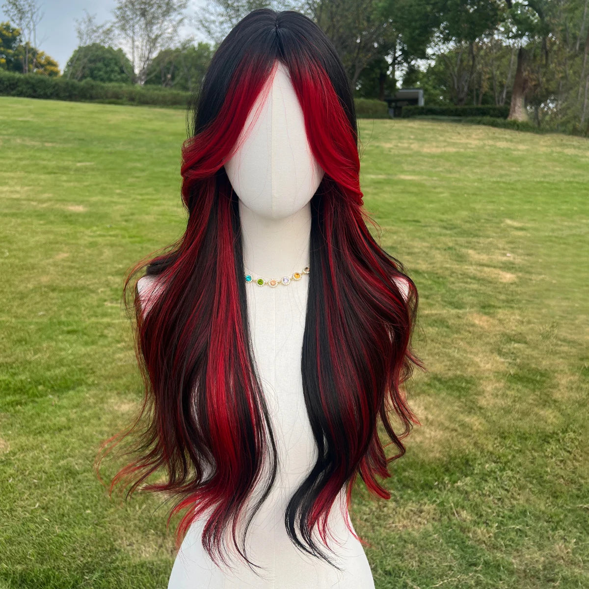 2025 & 2026 Hot Selling Fashion Wig Synthetic Wig Future Fiber Red and Black Highlight Dyed Gradient Curly Wigs for Women SM398