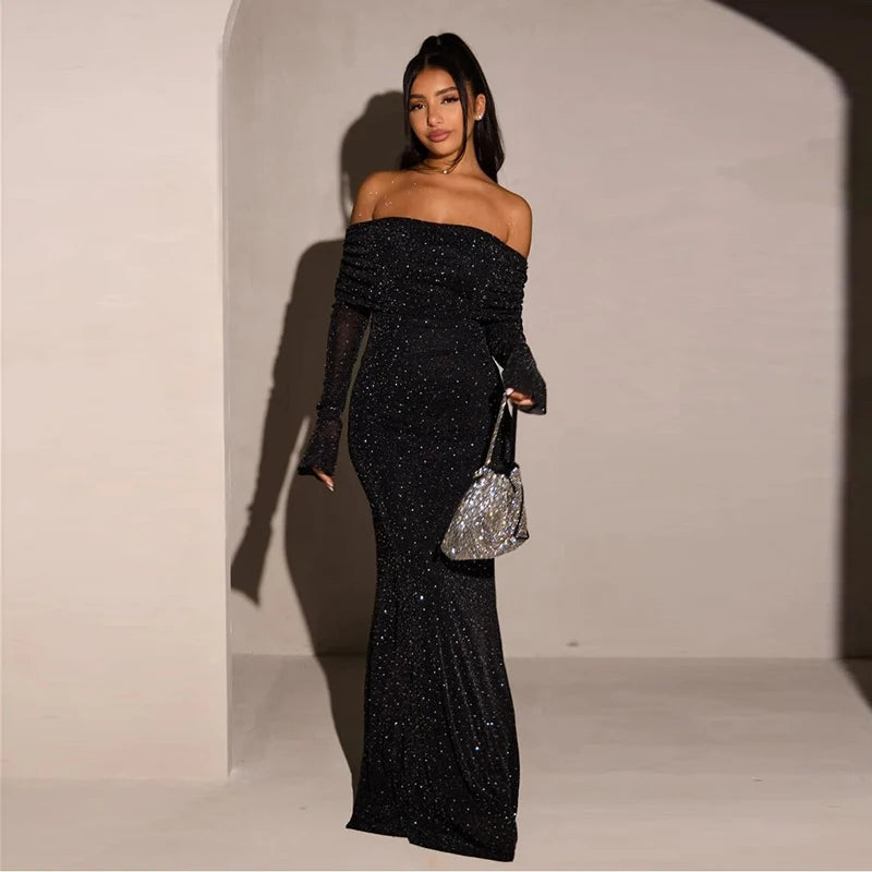 Black Sequin One-Shoulder Evening Gown for Women High-End Party Dress