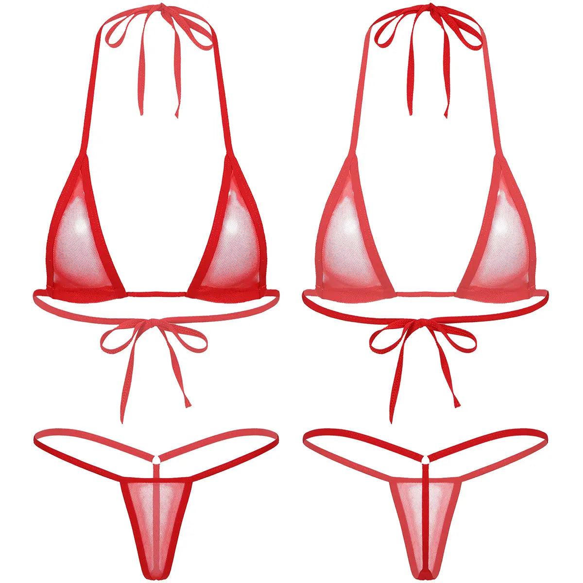 Women's Two-Piece Swimsuits Bikini Sets Sexy Mesh Sheer Halter neck Micro Bikini Outfits Bra Top with G-String Swimwear Female