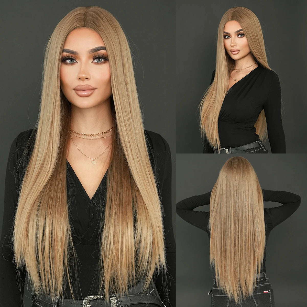 613 Blond Synthetic Hair Wigs 32 Inch Long Straight Hair with Bangs Middle Parted Ombre Blond Wigs Perucas for Women Daily Use