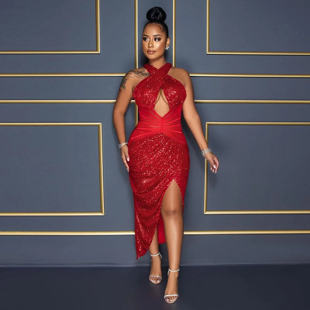 Miingstyle Wholesale Bling Rhinestone Black Mesh Casual Sexy Sequin Hollow Out Slip Dress