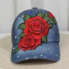 Wholesale Red Rose Hats for Women Bling Rhinestone Baseball Cap With Embroidered Rose Flower Denim Baseball Cap Woman
