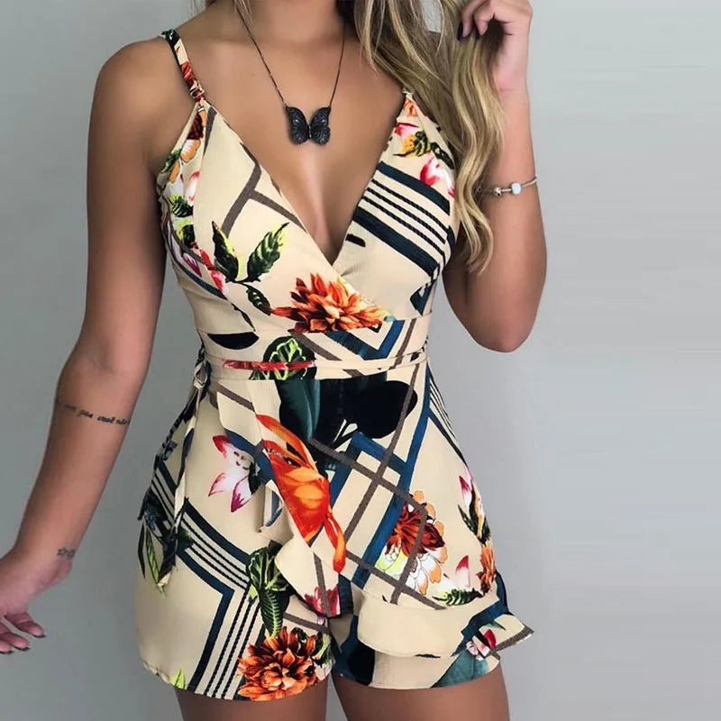 Sexy V-neck Spaghetti Strap Floral Print Women Short Romper Playsuit Female Beach Ruffle Sleeveless 2023 Fashion Casual Jumpsuit
