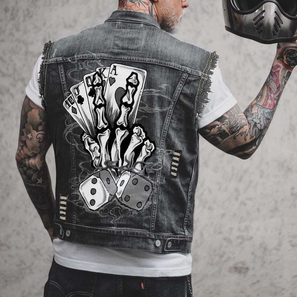 Poker Printed Denim Vest Ripped Sleeveless Top