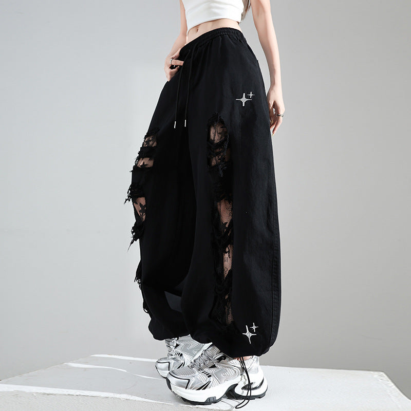 Ripped Lace Stitching Matchet Pants Fashion Wide-leg Casual Pants