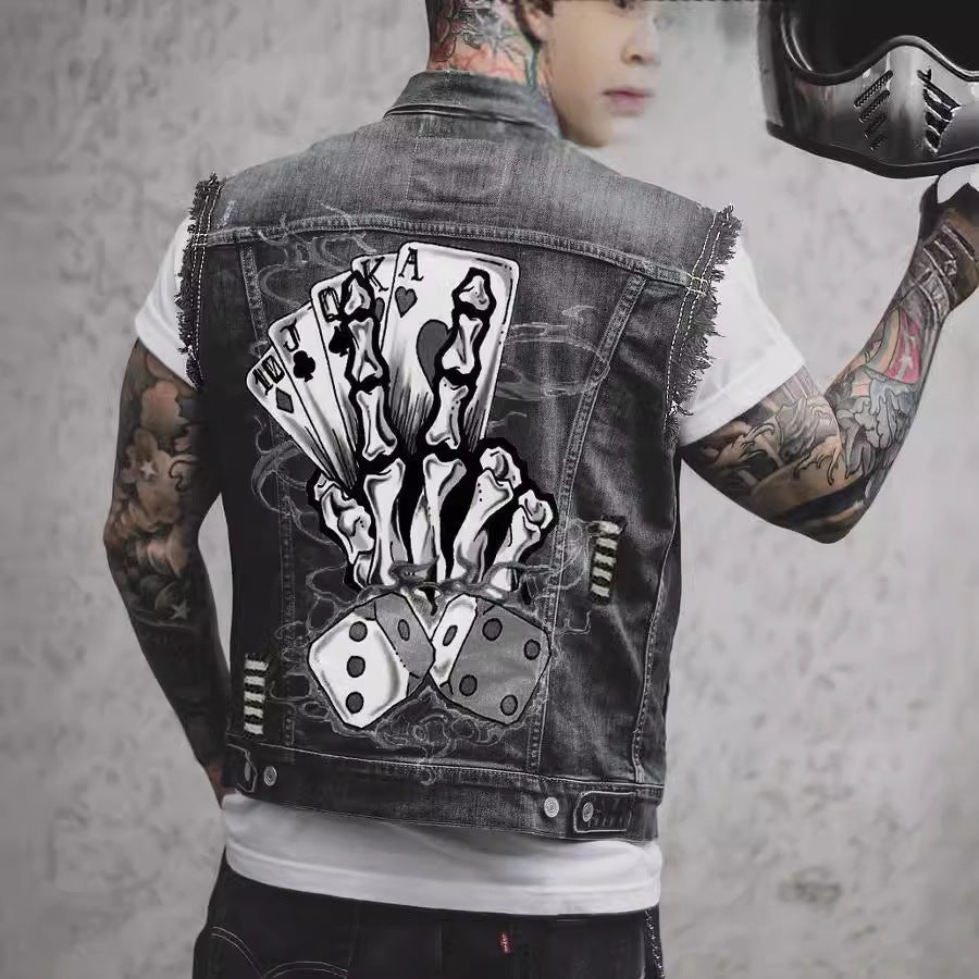 Poker Printed Denim Vest Ripped Sleeveless Top