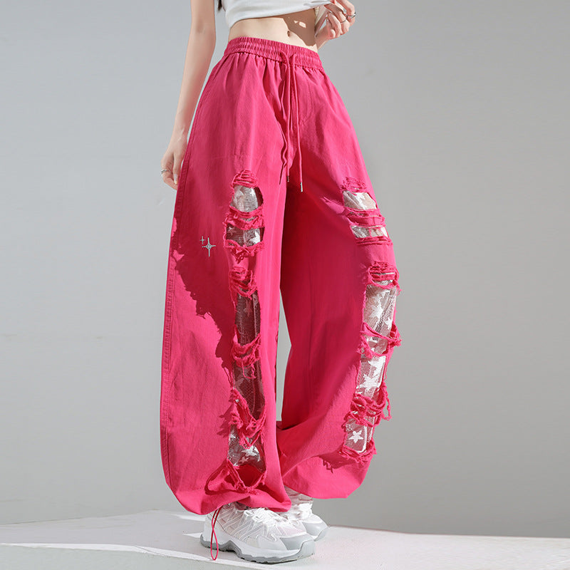 Ripped Lace Stitching Matchet Pants Fashion Wide-leg Casual Pants