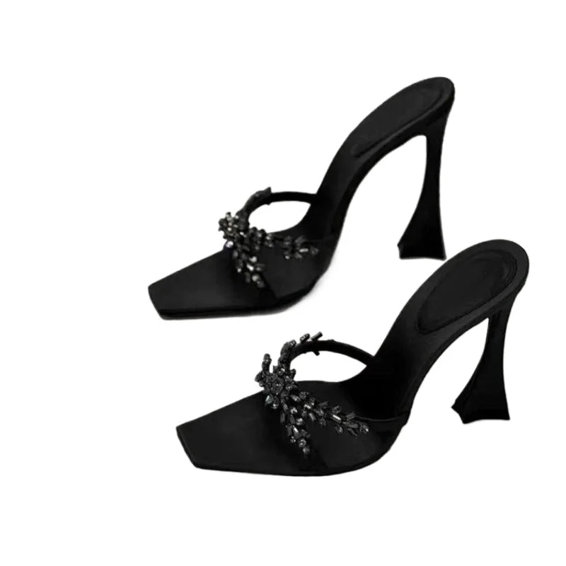 2025 NEW High Quality Luxury Heels Women's Sandals Designer Shoes Rhinestone Square Toe Open Toe Slides Женская Обувь