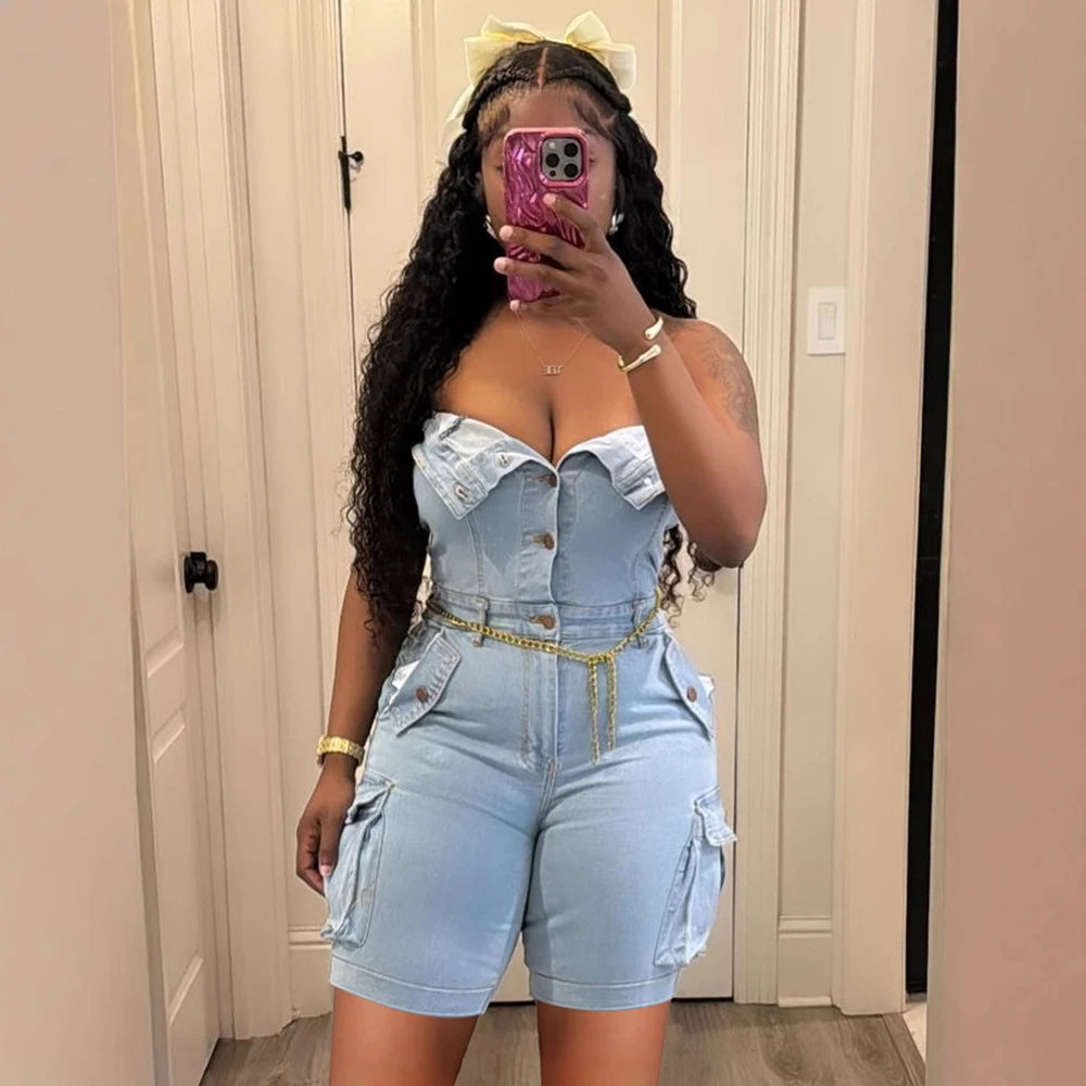 Sexy Strapless Button up Denim Romper Women Short Overalls 2025 Summer Street Casual Sleeveless Cargo Jean Jumpsuit with Pockets