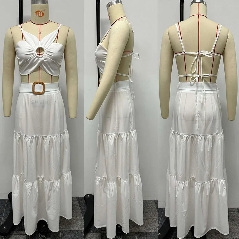 Sexy Party Club 2 Piece Sets Women Outfit Summer Dress Flower Crop Top and Long Skirt Set Elegant Vacation Festival Outfits