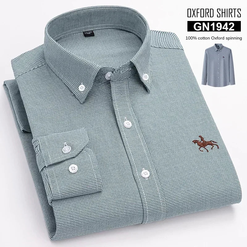 Casual Pure Cotton Oxford Mens Shirts Long Sleeve Embroidery Horse Design Regular Fit Fashion Button Man White Dress Shirt