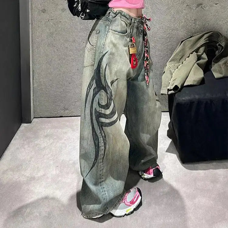 Y2K Street Retro Jeans Women Mottled Totem Print Loose Pants Fashion Hip Hop Trend Loose Couple American Straight Wide Leg Pants